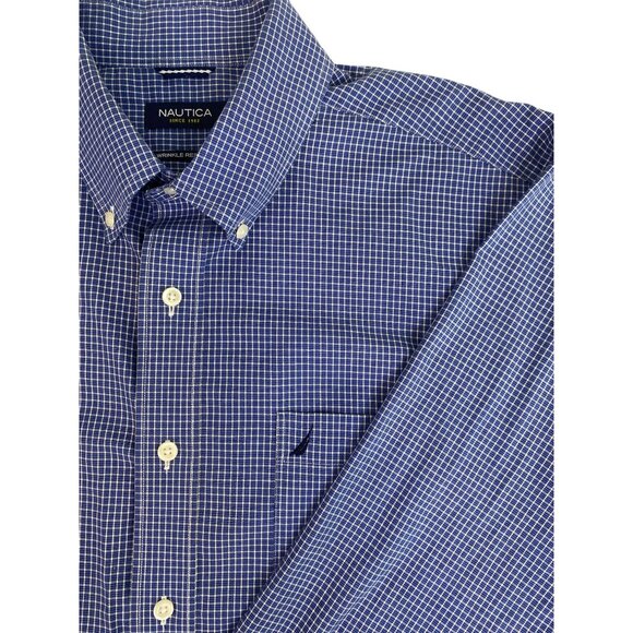 Nautica Men's Wrinkle Resistant Button Down Shirt L Blue Plaid 100% Cotton - Picture 1 of 5